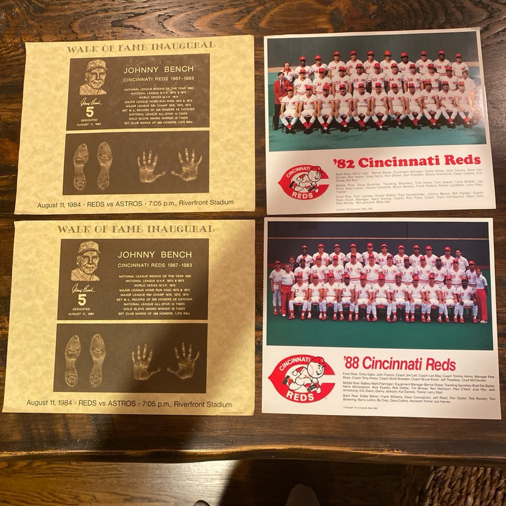 Johnny Bench Cincinnati Reds Walk Of Fame Inaugural Certificate & 1982 1988 team